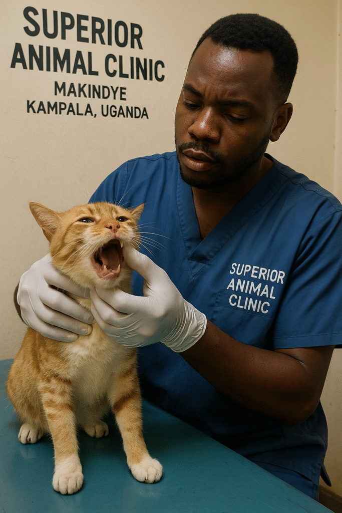 Cat with bad breath being examined by vet at Superior Animal Clinic Makindye Kampala