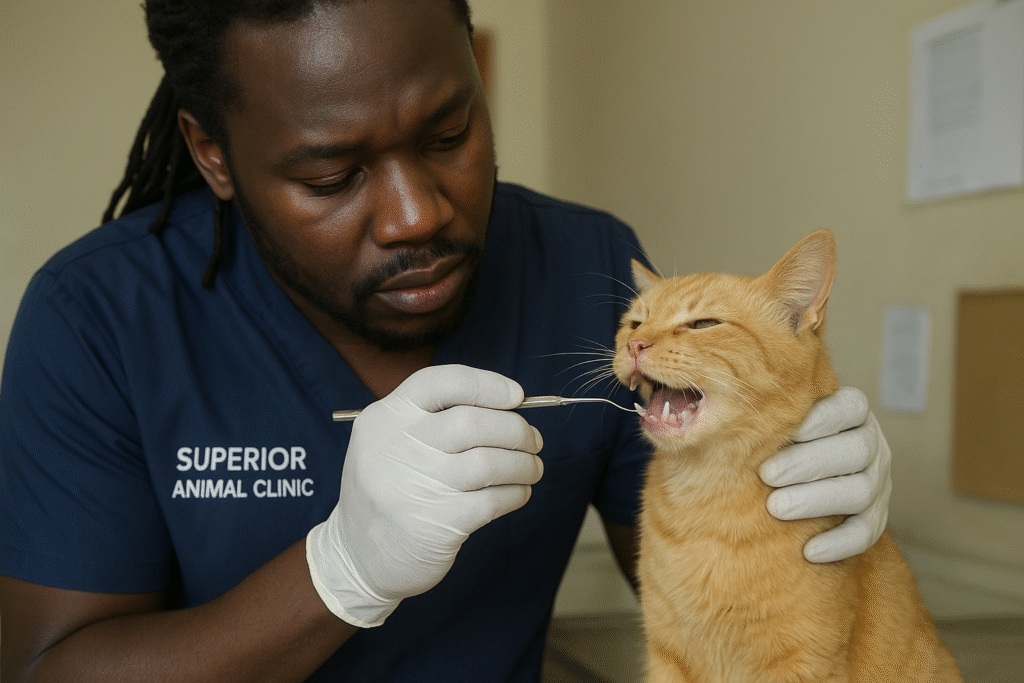 Cat with bad breath receiving dental care at Superior Animal Clinic Ntinda Kampala