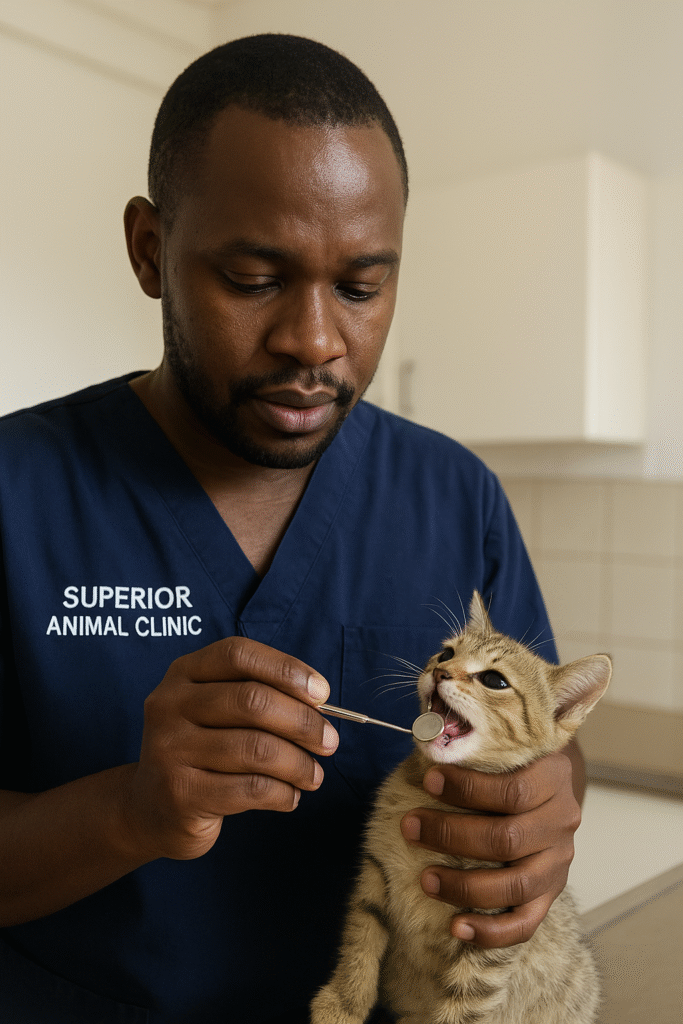 Vet checking kitten’s teeth for bad breath at Superior Animal Clinic Kampala