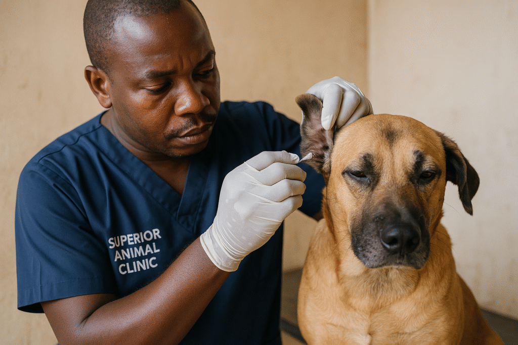 Dog receiving professional ear cleaning by vet at Superior Animal Clinic Kampala.