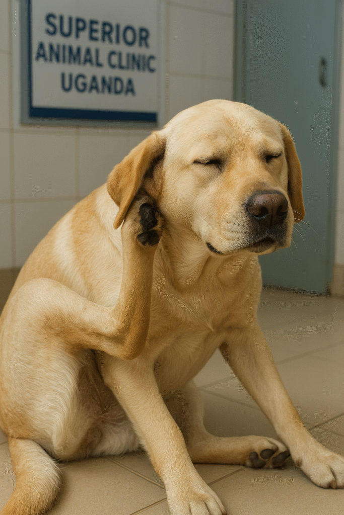Labrador retriever scratching its left ear at Superior Animal Clinic Uganda due ear infection