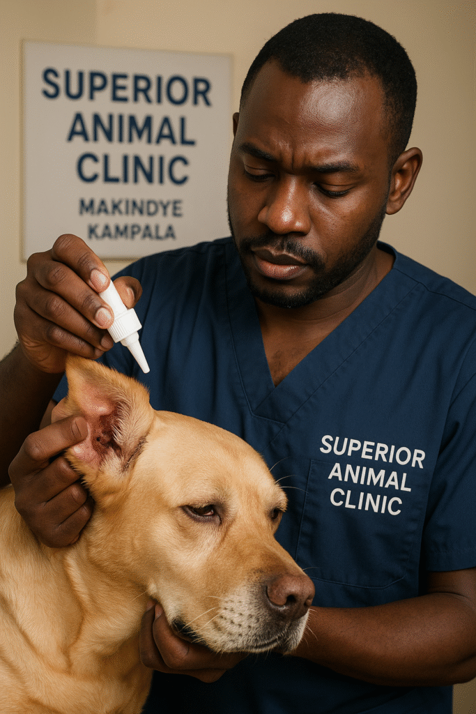 Vet administering ear drops to Labrador at Superior Animal Clinic Kampala
