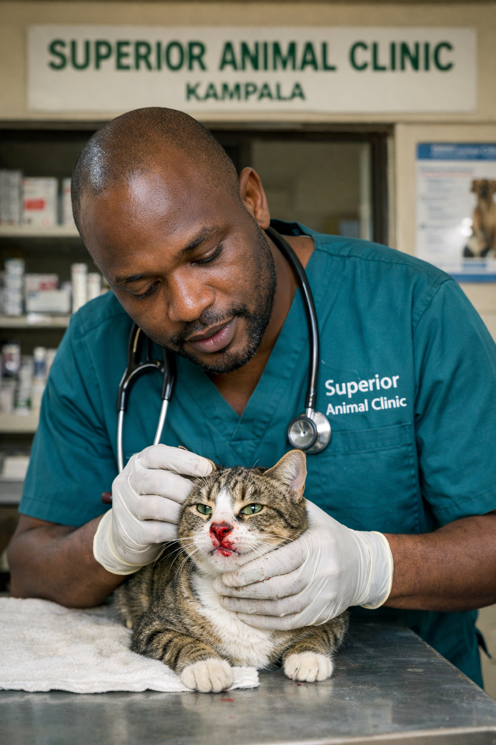Vet examining a cat with nosebleed at Superior Animal Clinic, Kampala.