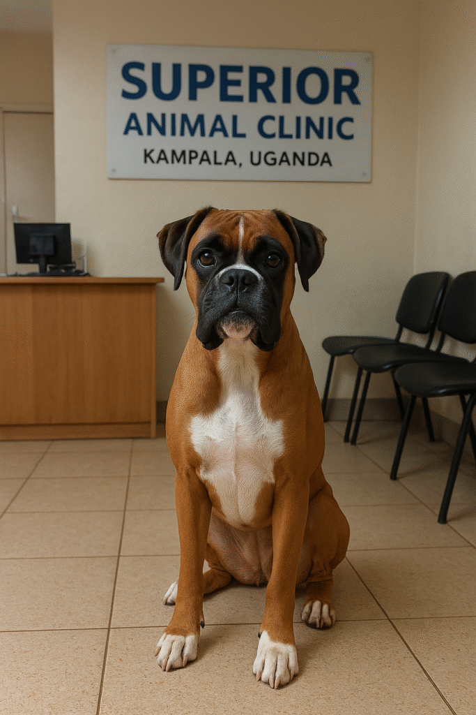 A Boxer dog sitting attentively on the tiled floor inside Superior Animal Clinic in Kampala, Uganda