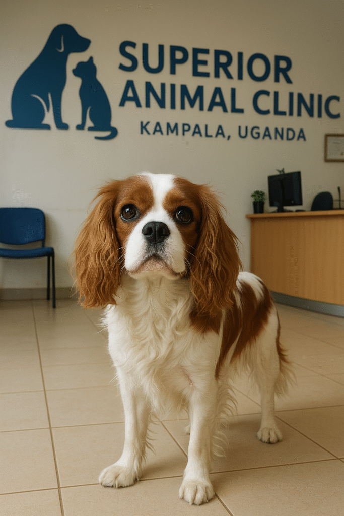 A Cavalier King Charles Spaniel standing on the tiled floor inside Superior Animal Clinic in Kampala, Uganda,