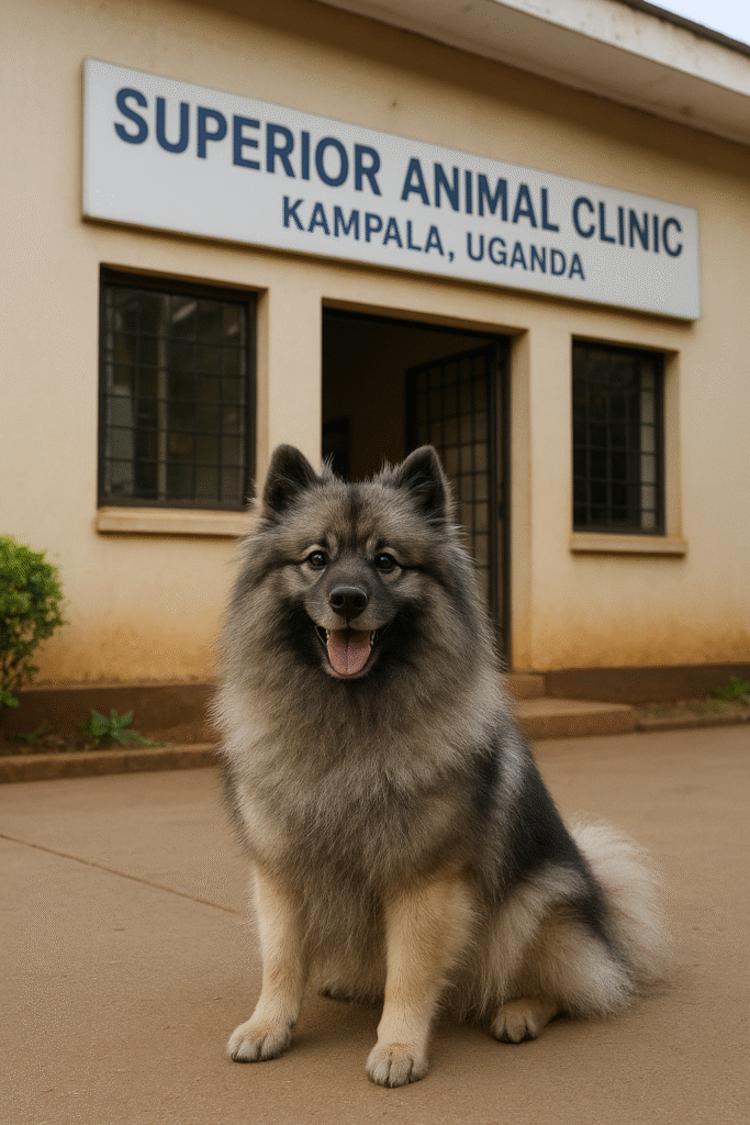 A fluffy Keeshond dog sitting outside Superior Animal Clinic in Kampala, Uganda