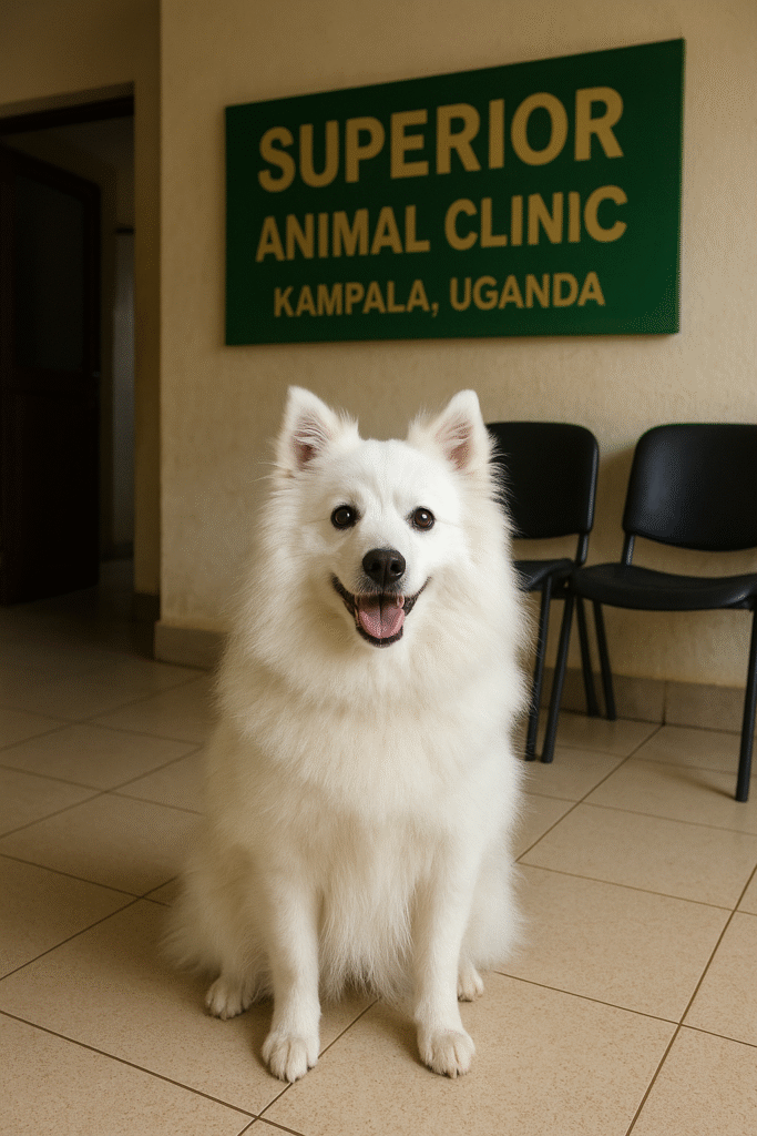 A fluffy white American Eskimo dog sitting on the tiled floor inside Superior Animal Clinic in Kampala, Uganda