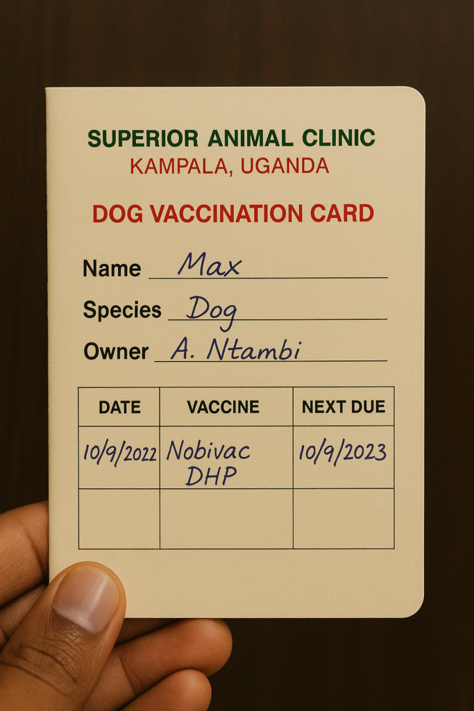Dog vaccination card issued by Superior Animal Clinic Kampala Uganda with pet details and vaccine records