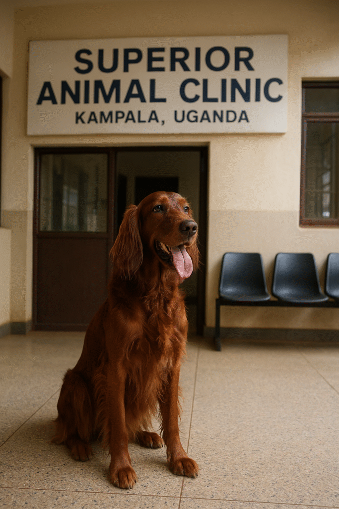 Irish Setter dog with a shiny reddish-brown coat sitting in the waiting area of Superior Animal Clinic, Kampala, Uganda