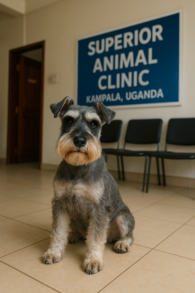 Miniature Schnauzer sitting on tiled floor in the waiting area of Superior Animal Clinic, Kampala, Uganda