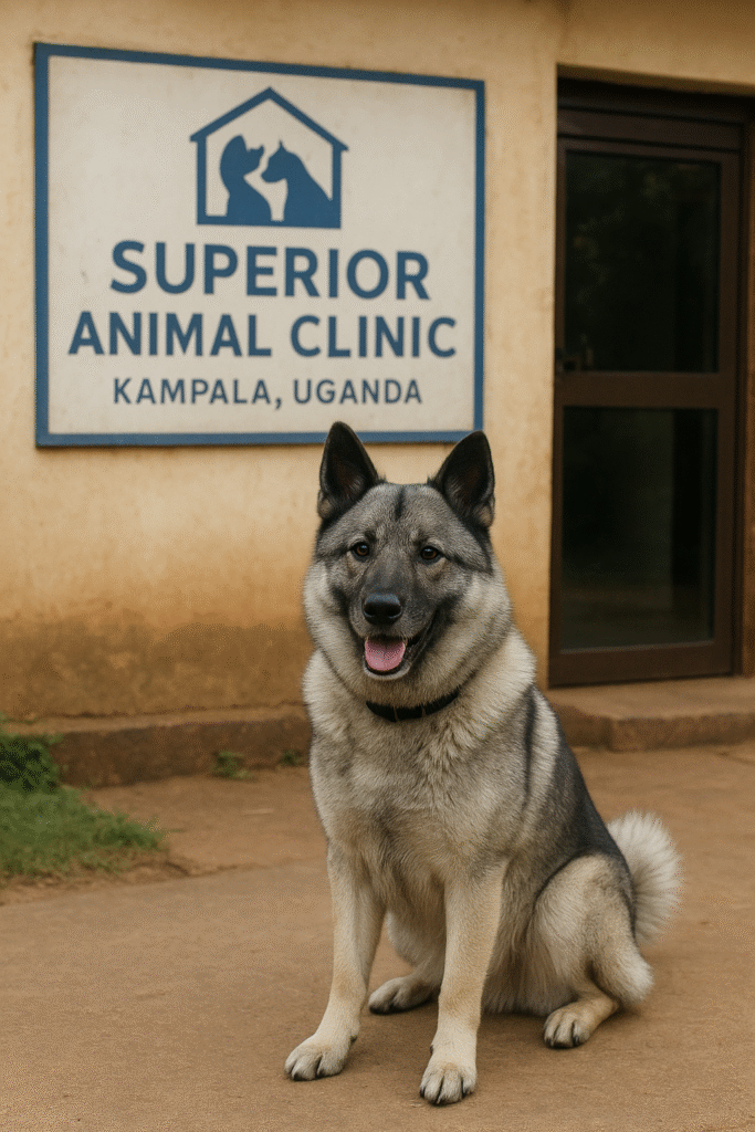 Norwegian Elkhound sitting outside Superior Animal Clinic in Kampala, Uganda