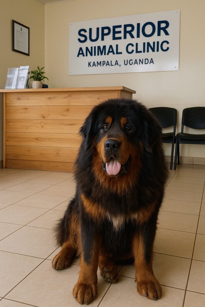 Tibetan Mastiff sitting calmly in the reception area of Superior Animal Clinic, Kampala, Uganda