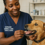 Veterinarian at Superior Animal Clinic Kampala giving a vitamin tablet to a dog