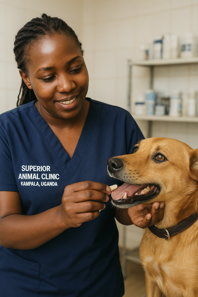Veterinarian at Superior Animal Clinic Kampala giving a vitamin tablet to a dog