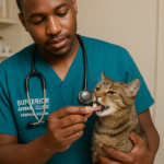 Veterinarian at Superior Animal Clinic in Kampala, Uganda, wearing a scrub top with the clinic’s name, gently giving a vitamin tablet to a tabby cat