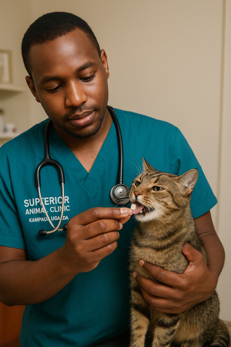 Veterinarian at Superior Animal Clinic in Kampala, Uganda, wearing a scrub top with the clinic’s name, gently giving a vitamin tablet to a tabby cat