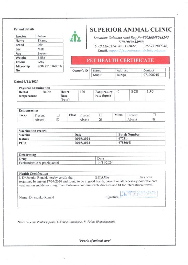 veterinary health certificates for dogs and cats in Kampala Uganda