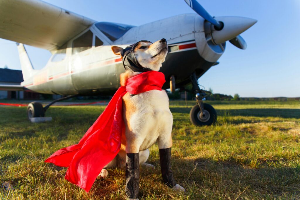 Akita Inu in superhero costume confidently poses beside a vintage propeller plane on a sunny day.