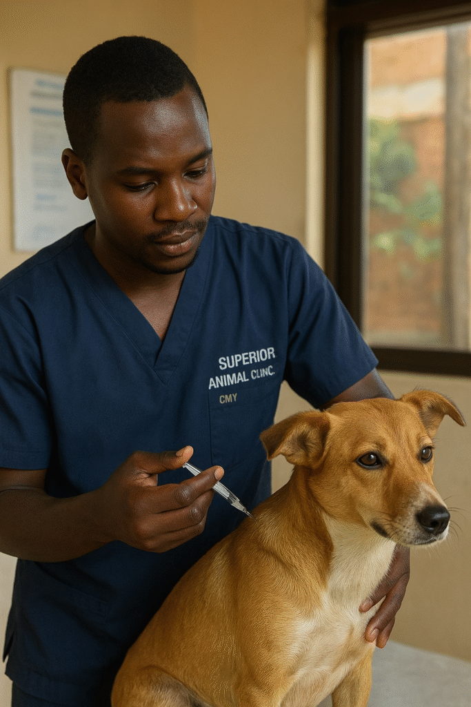 Ugandan veterinarian in blue scrubs labeled Superior Animal Clinic administering a vaccine