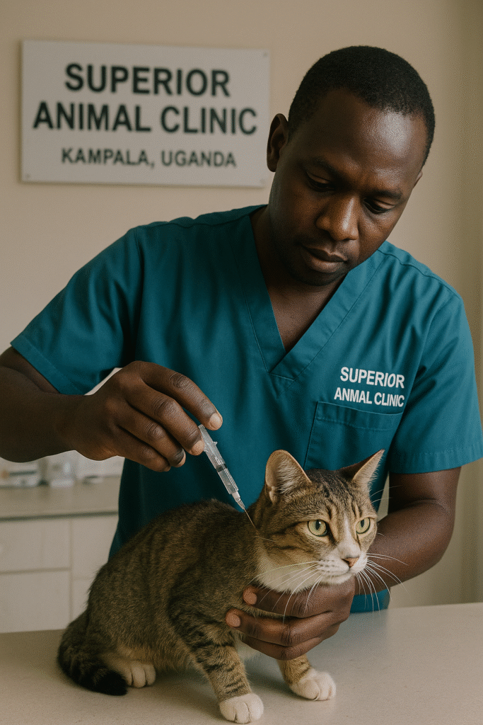 Ugandan veterinarian in teal scrubs labeled 'Superior Animal Clinic' administering a vaccine to a brown tabby cat at Superior Animal Clinic