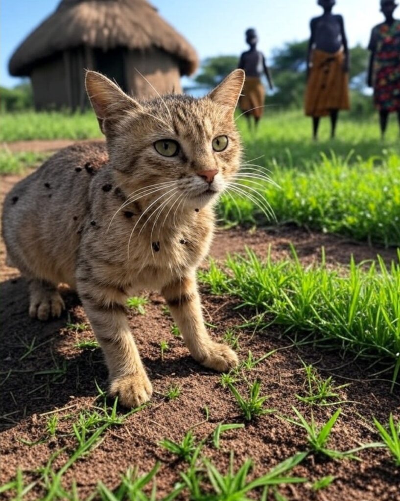 A cat in Uganda with fleas and ticks receiving home treatment from a mobile vet at Superior Animal Clinic
