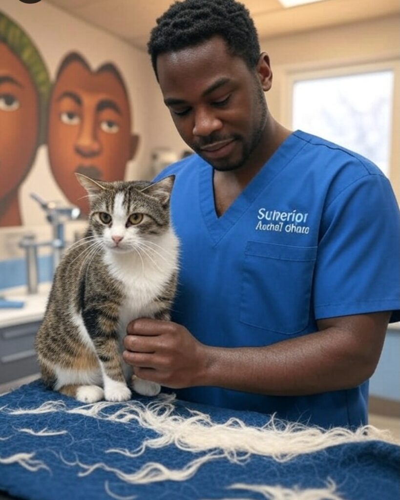 A cat that is loosing a lot of hair preparing to get a bath at Superior Animal Clinic