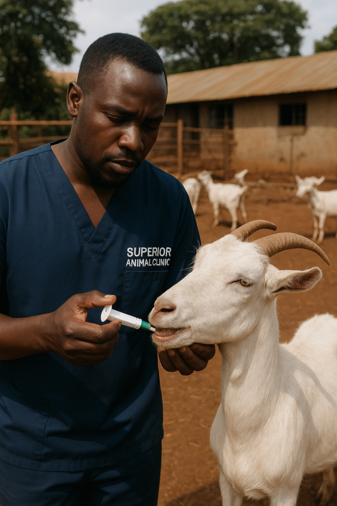 A goat Vet giving a goat a oral dewormer at Superior Animal Clinic in Kampala, Uganda