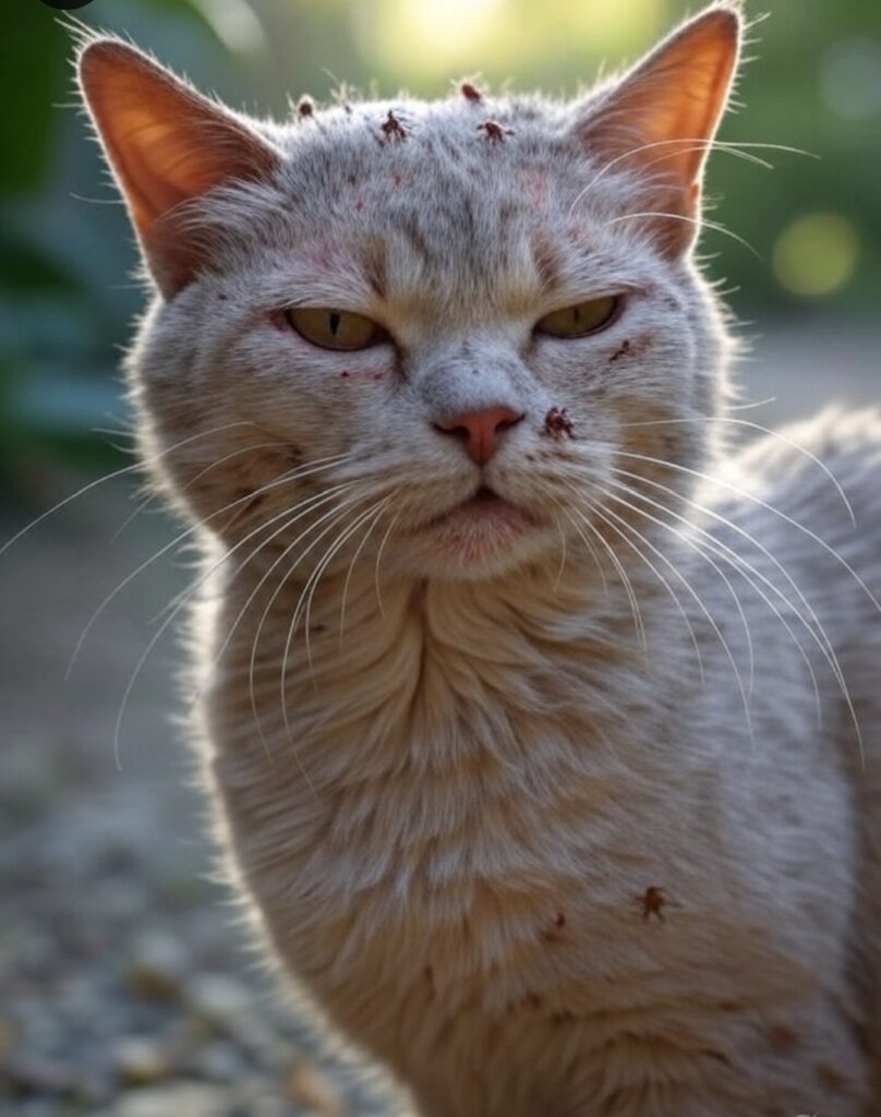 A stray cat with fleas and ticks in Kampala, Uganda getting the best tick and flea treatment at Superior Animal clinic
