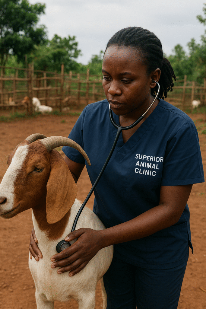A vet examining a Boer goat breed at Superior Animal Clinic in Kampala, Uganda