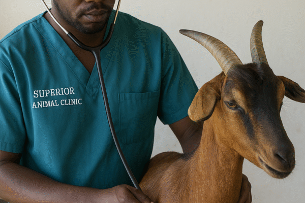 A vet examining a Mubende goat breed at Superior Animal Clinic in Kampala, Uganda