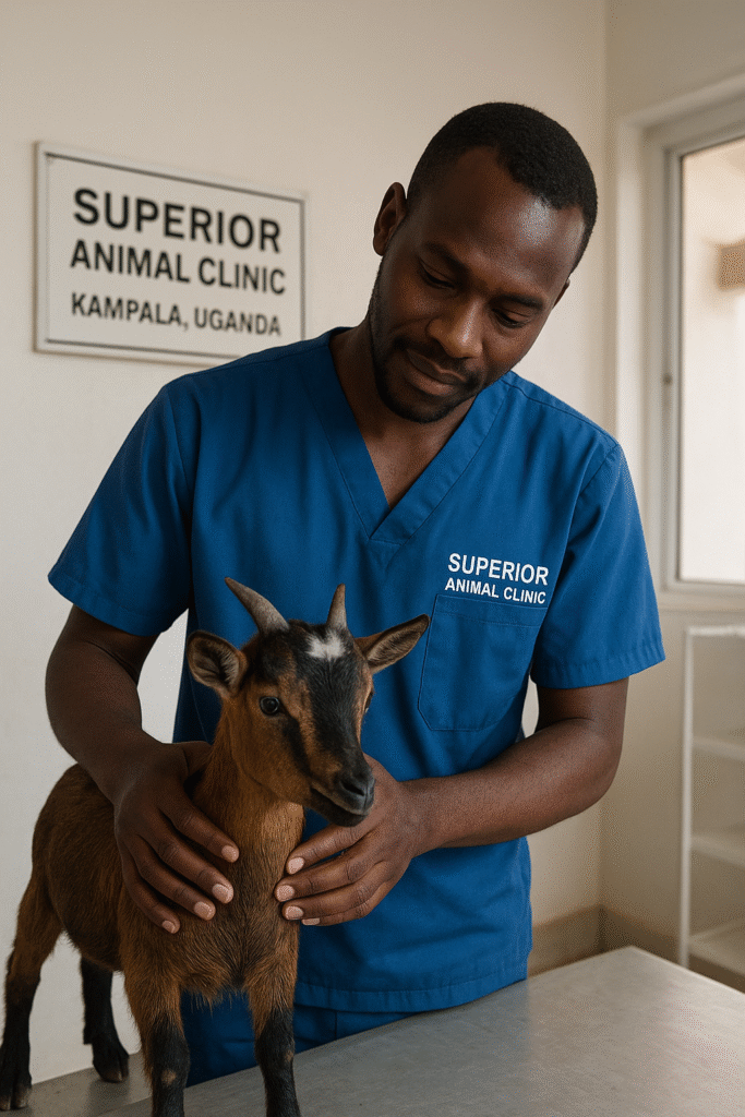 A vet examining a small east african goat breed at Superior Animal Clinic in Kampala, Uganda