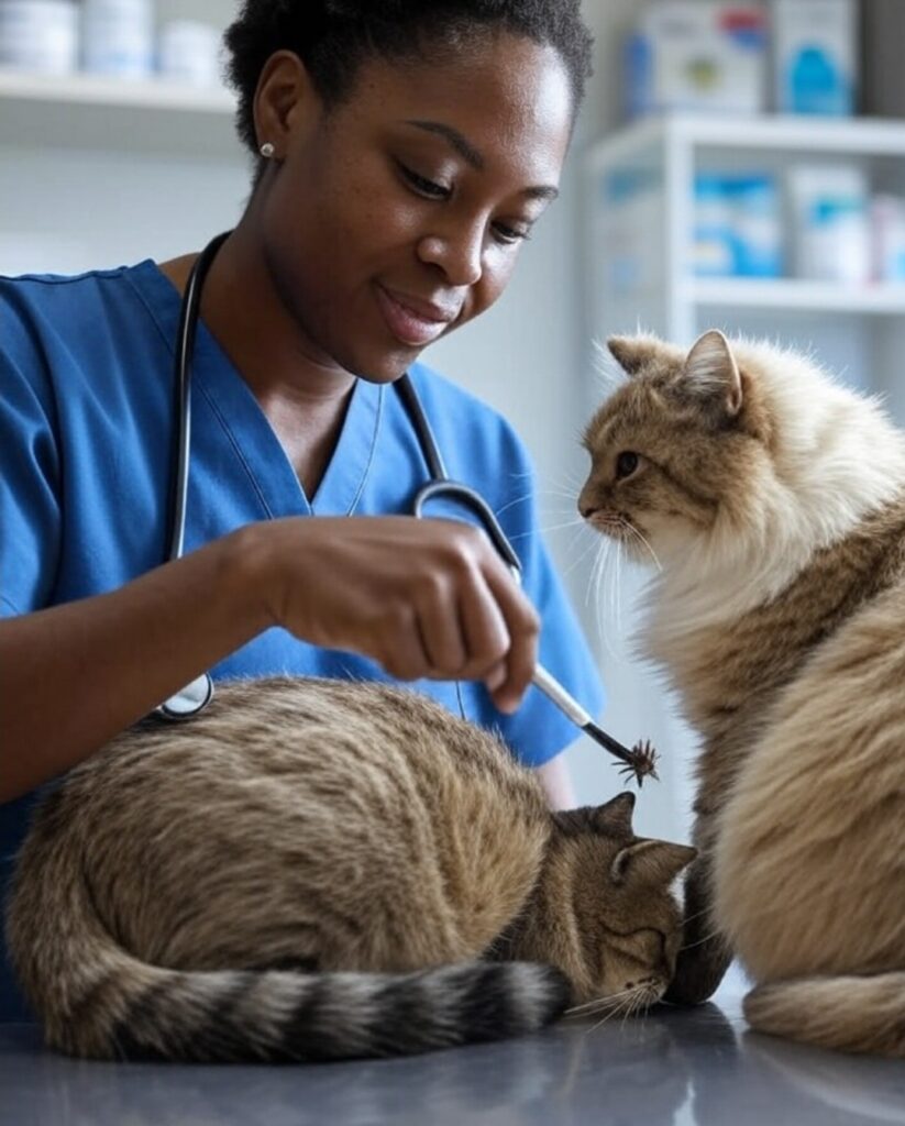 A vet in Kampala at Superior Animal Clinic manually removing ticks and fleas from a cat