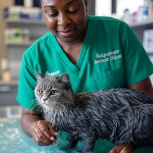 A veterinarian bathing a cat in Kampala, Uganda at Superior Animal Clinic