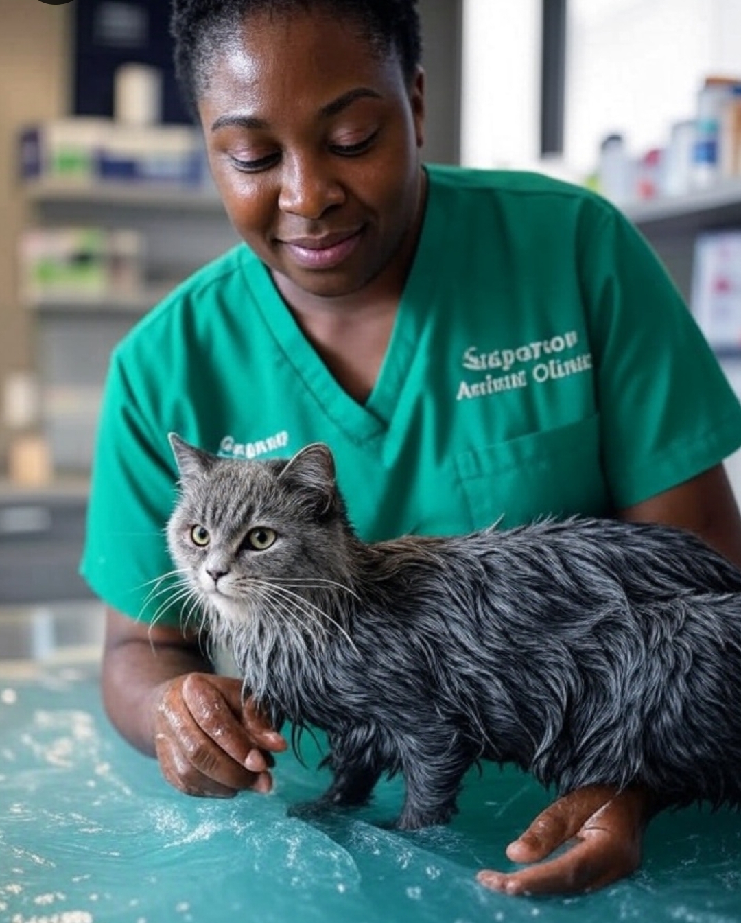 A veterinarian bathing a cat in Kampala, Uganda at Superior Animal Clinic