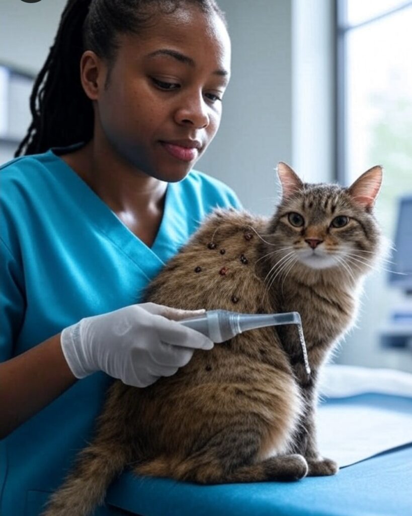 A veterinarian in Kampala, Uganda applying a pour-on for fleas and ticks at Superior Animal Clinic