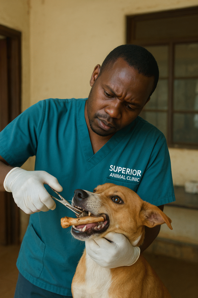 Bone stuck in dog’s mouth treated by veterinarian in Kampala Uganda at Superior Animal Clinic