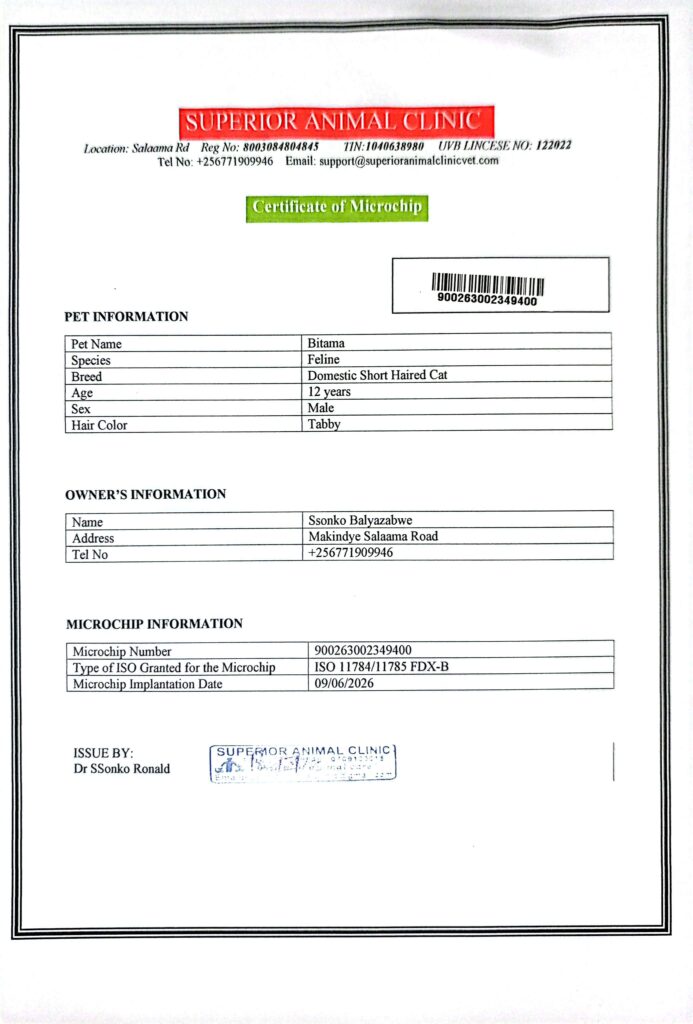 Cat microchip certificate at Superior Animal Clinic Kampala UG