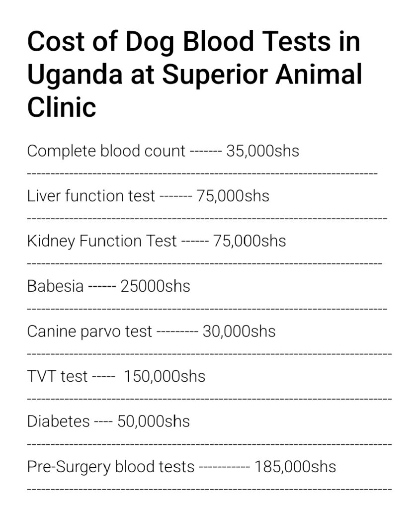Cost of dog blood tests in Kampala, Uganda at Superior Animal Clinic