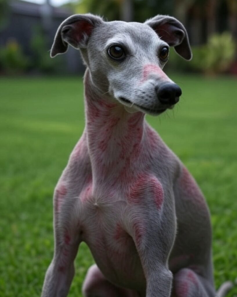 Dog with allergy rash receiving treatment in Kampala at Superior Animal Clinic