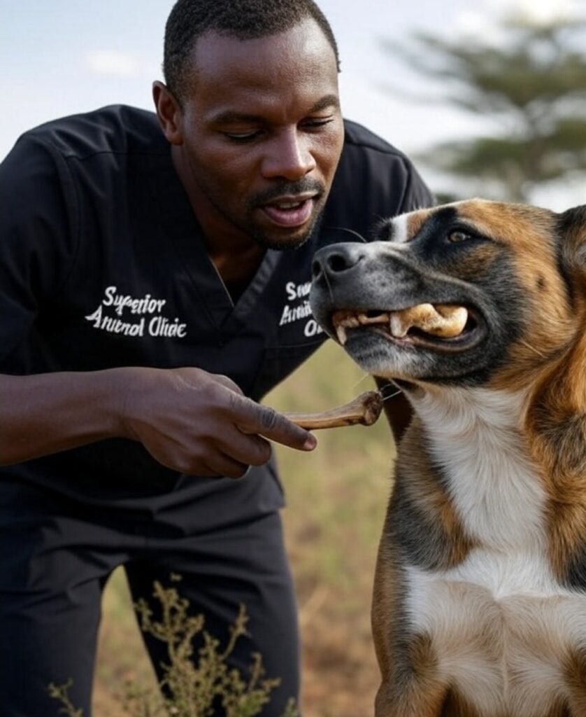 Experienced vet safely extracting bone from dog’s mouth Uganda at Superior Animal Clinic