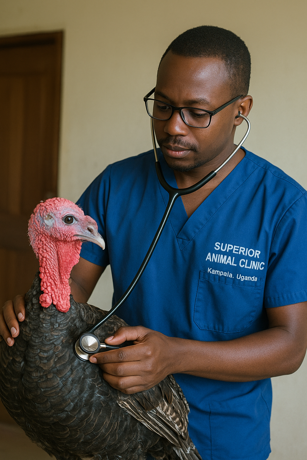 Veterinarian at Superior Animal Clinic in Kampala, Uganda checking the heart rate of a turkey with a stethoscope