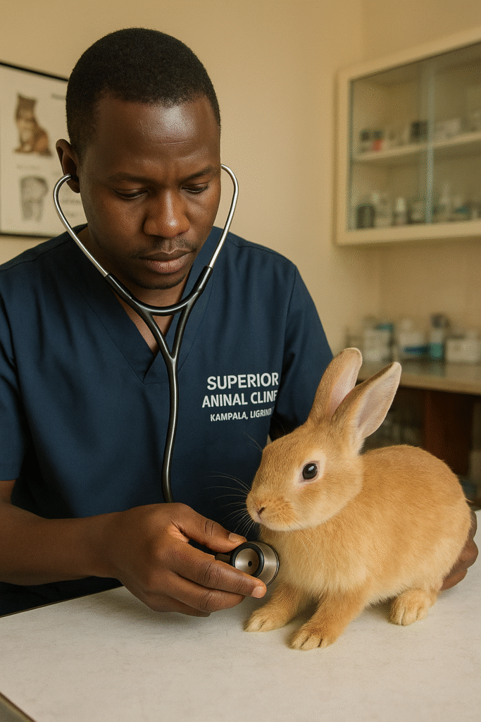 Veterinarian at Superior Animal Clinic in Kampala, Uganda using a stethoscope to check the heart rate of a rabbit