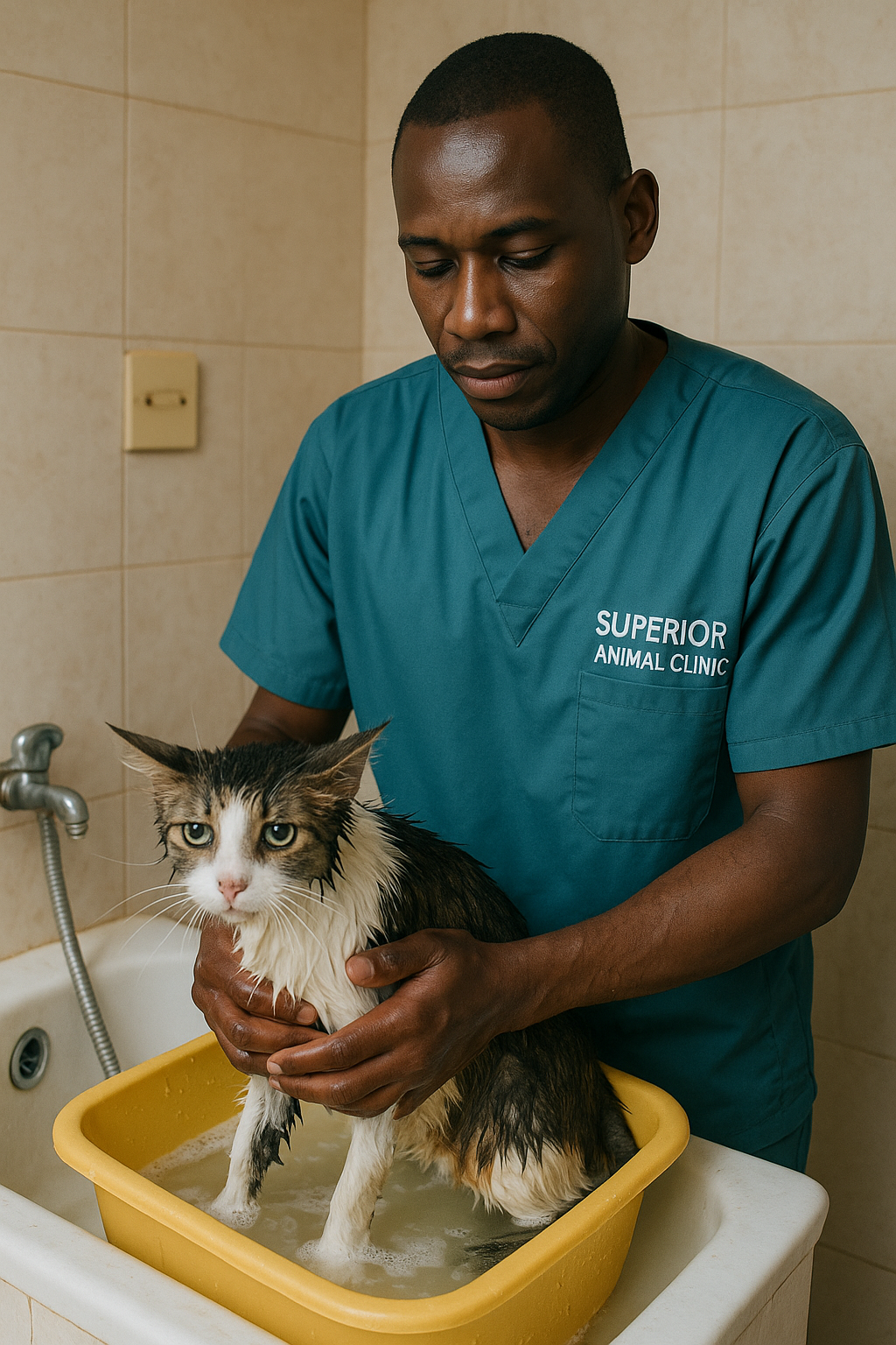 Veterinarian at Superior Animal Clinic in Makindye, Kampala, Uganda bathing a wet cat in a sink