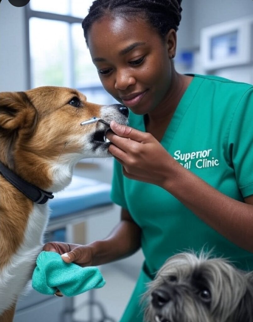 Veterinarian cleaning dog’s teeth in Kampala, Uganda at Superior Animal Clinic