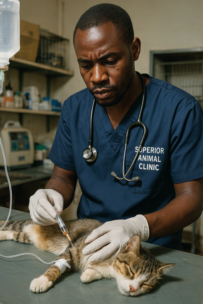 Veterinarian in Kampala at Superior Animal Clinic Makindye Salaama Road providing emergency care to a sick cat