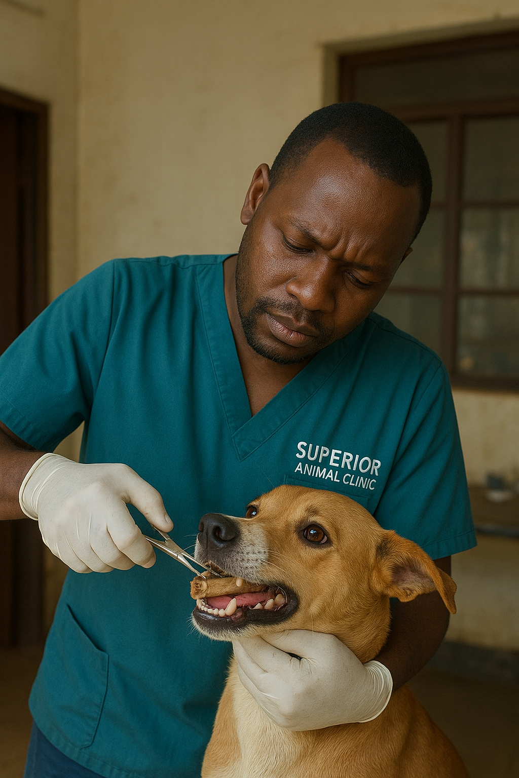 Veterinarian removing bone from dog’s mouth in Kampala Uganda