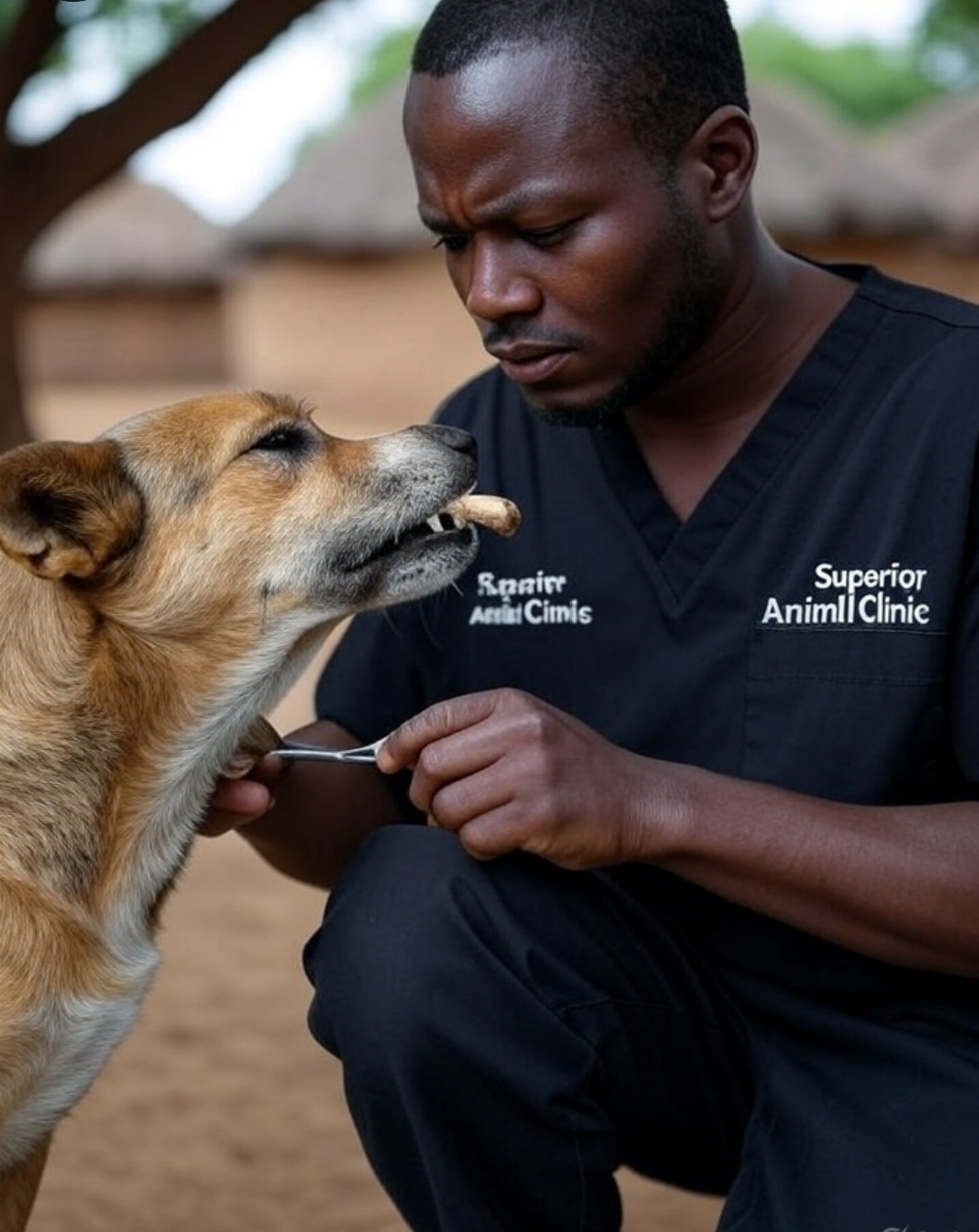 Veterinarian removing bone from dog’s mouth in Makindye, Kampala at Superior Animal Clinic