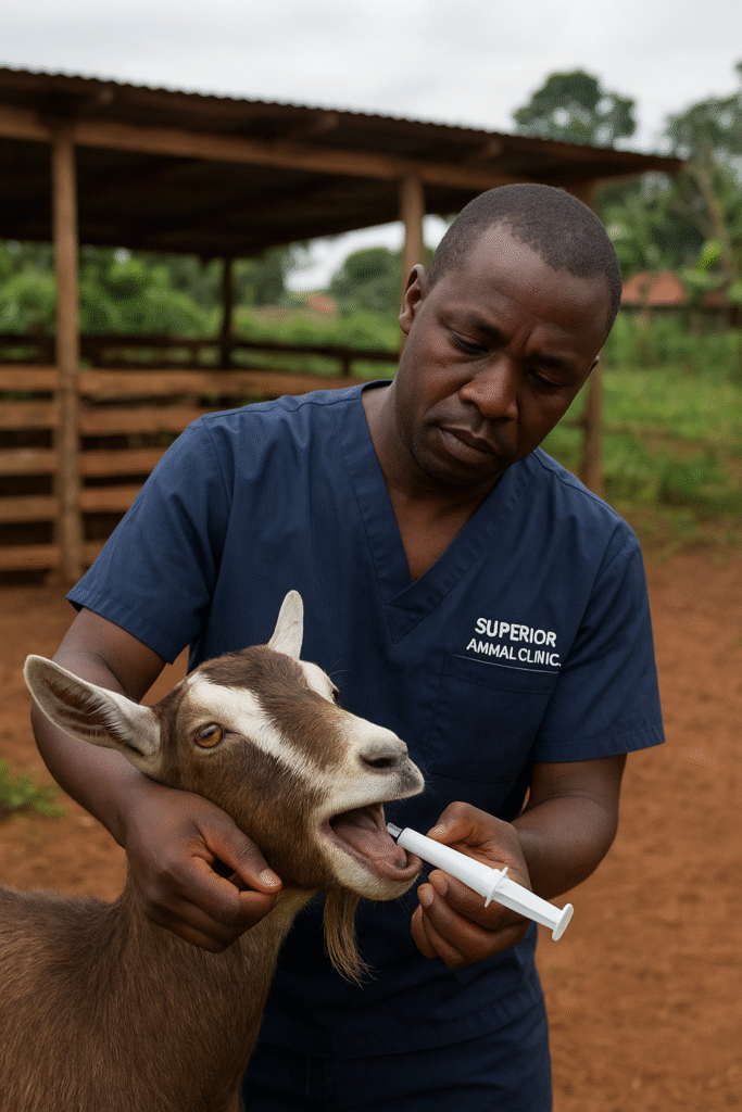 Veterinarian treating a Toggenburg Goat in Uganda at Superior Animal Clinic
