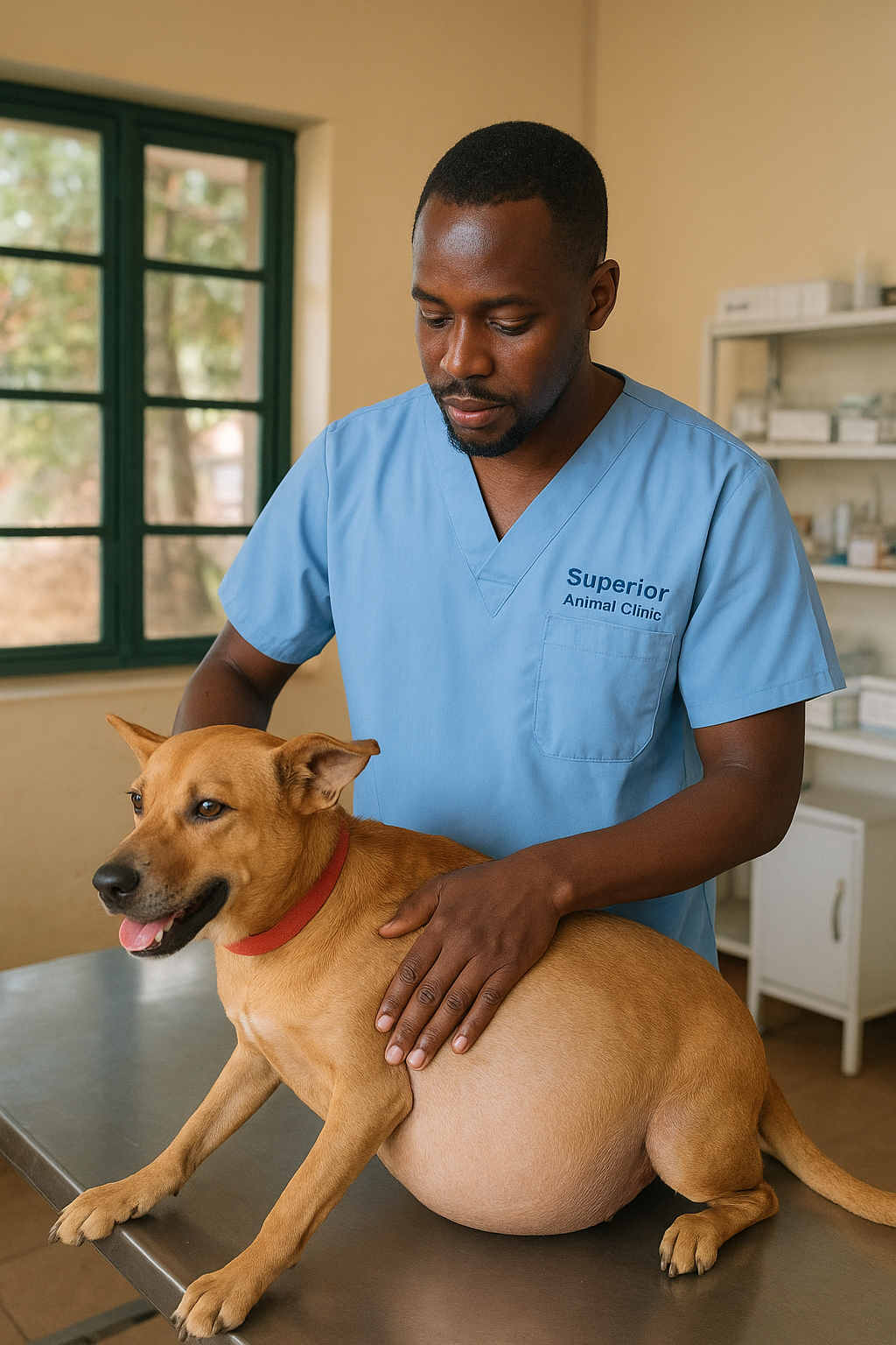 A veterinarian treating a dog with bloat in Kampala, Uganda at Superior Animal Clinic