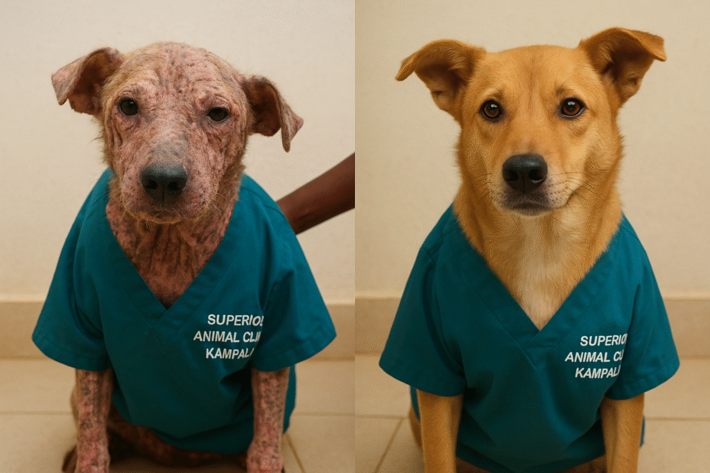 Before and after mange treatment results for dog at Superior Animal Clinic Kampala